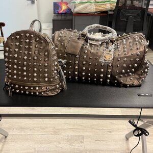 Tracey Lynn Studded Carry-On Bag & Backpack Set | Brown | Excellent